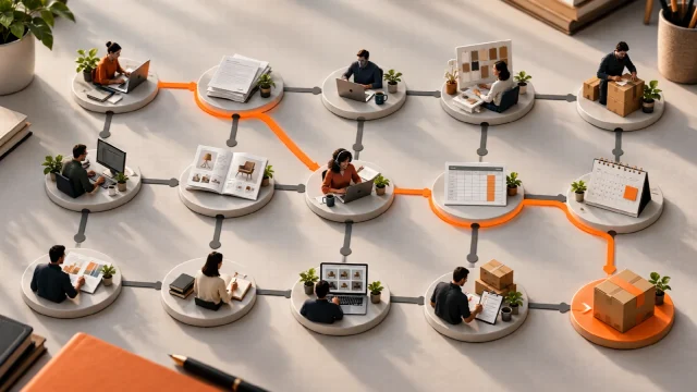 Overhead business workspace with fifteen connected task stations and one orange route.