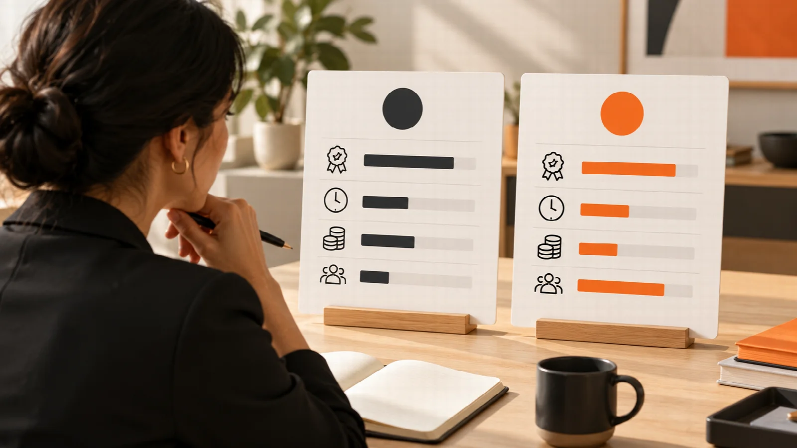 Manager comparing baseline and pilot task scorecards with the same measuring frame.