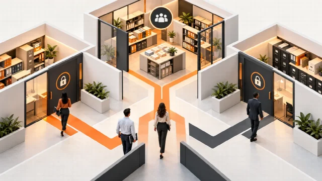 Separate employee paths to shared and restricted document rooms.